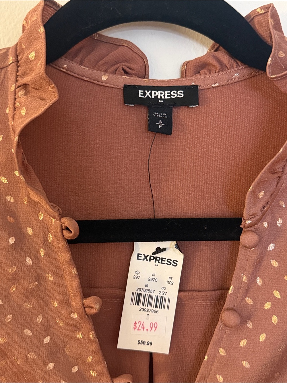 Express Brown & Gold Foil Button-Up Blouse Size Small Petite - Picture 3 of 4